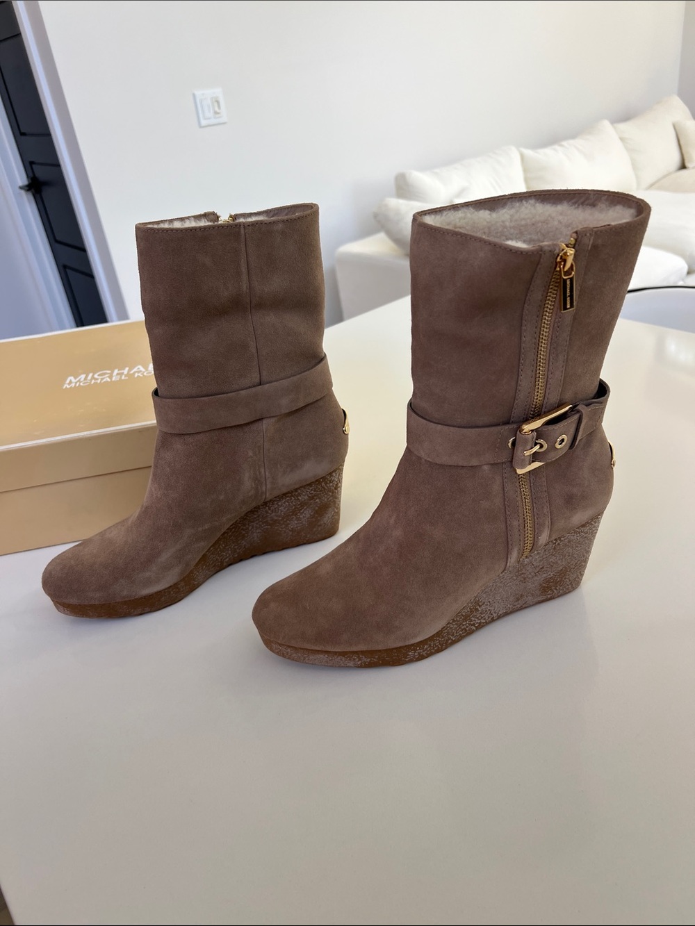 Michael by Michael Kors lizzie wedge bootie boots dark khaki cream shearling 11